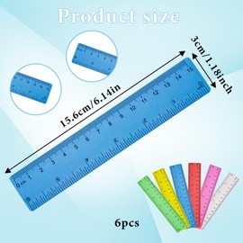 JIYIN Pack of 6 15 cm Plastic Ruler, Transparent Ruler 15 cm with Centimetres and Inches for Home, School, Office (Colourful)