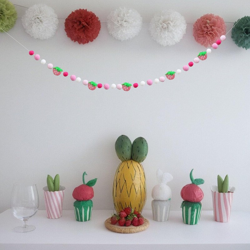 Strawberry Felt Ball Garland, 6 Ft Pink White Green Pom