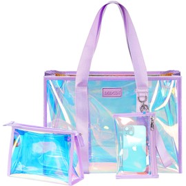 DSDCDJ Beach Bags for Women, Iridescent Beach Tote Bag with Makeup Bag & Phone Pouch - Waterproof, Tip-Proof, Foldable, Washable - Clear Bag for Pool, Travel, Vacation, Parties, Stadium Events