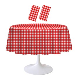 RINDOJIN 2 Pack Red Gingham Tablecloth Round 84 x 84 Inch Round Plastic Checkered Table Cloth Disposable Plaid Table Cover for Picnic Party Birthday Wedding Baby Shower Christmas Circle Red Tablecloth