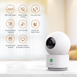 AOSU 4MP 2.5K Indoor Camera, Security Camera Indoor work with 5G/2.4G WiFi, One-Touch Calling, 360 ° Motion Tracking, Two-way Audio, for Baby/Elderly/Pets, Compatible with Alexa