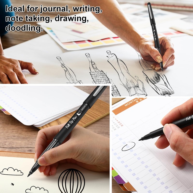 Fuyoooo 200 Pcs Black Felt Tip Pens Bulk 0.7mm Medium