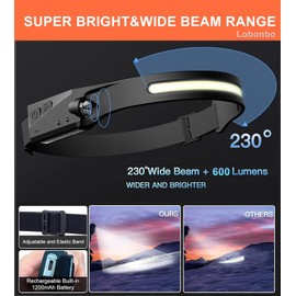Headlamp Rechargeable, 230° Wide Beam Head Lamp,Portable Lightweight headlaght with Motion Sensor- Adults Camping Accessories Gear,Waterproof Head Light Flashlight for Cycling Fishing Repairing (5PCS)