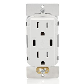 Leviton Leviton T5636-W 60W (6A) USB Dual Type-C/C Power Delivery In-Wall Charger with 15A Tamper-Resistant Outlet, USB Charger for Smartphones, Tablets, Laptops, White