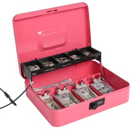 Jssmst Large Locking Cash Box with Money Tray, Metal Money Box with Combination Lock Cash Safe with Security Cable, Pink