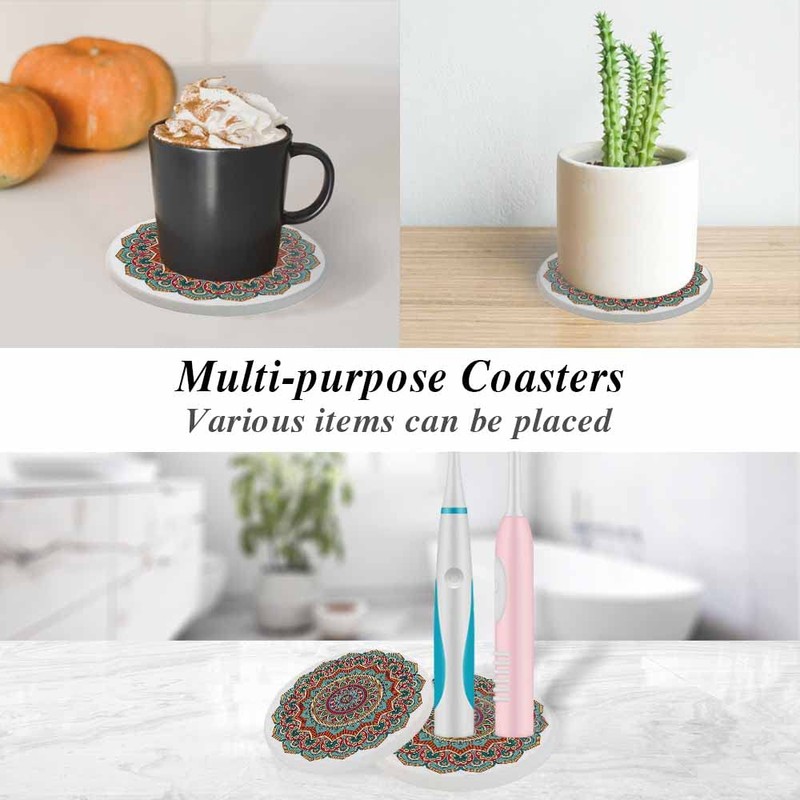 oFloral Ethnic Flower Coasters for Drinks Rustic Mandala Symmetry Cups