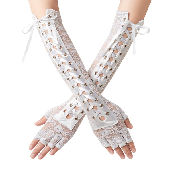 Coucoland Steampunk Gloves Lace Up Fingerless Gloves Adjustable Long Gloves