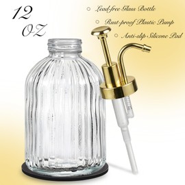 SheeChung Clear Glass Soap Dispenser, 12 Oz Liquid Hand Soap Dispenser with Pump, Refillable Lotion Dish Soap Dispenser for Kitchen, Stripes Shampoo Bottle, Bathroom Countertop (Gold Pump, 2 Pack)