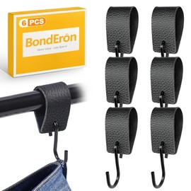 BondEron Pack of 6 S Hooks Black with Leather Loop, Hooks for Clothes Rail and Wardrobe, Robust Metal Coat Hooks for Rail, Multi-Purpose Hooks, Black for Kitchen, Bathroom, Camping
