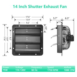 Aibabcue 14 Inch Shutter Exhaust Fan,Wall Mount Ventilator Fan with ON/OFF Switch,Attic Vent Fan for Greenhouse, Garage, Gable, Barn, Shed,Chicken Coops Ventilation Fans 1088 CFM,1750RPM