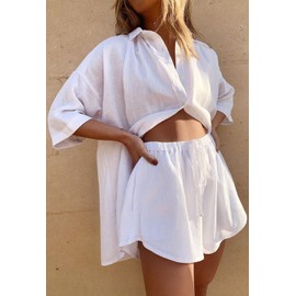 Fixmatti 2 Piece Casual Outfits for Women Button Down Shirt And High Waisted Shorts Set White M