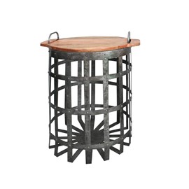 Benjara Industrial Grid Galvanized Accent End Table with Round Lid and Handles, Set of 2, Gray and Brown