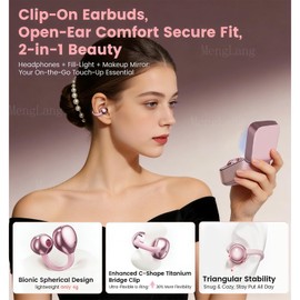 Menglang Open Ear Clip Wireless Earbuds Bluetooth 6.0, Lightweight Comfort Sports Bone Conduction Headphones,Open Ear Headphones, Stable Fit Earphones with LED Makeup Mirror Case