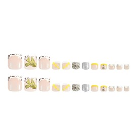 French Tip Press on Toenails Short Square Fake Toe Nails 3D Metal Bowknot Glue on Toenails with Gold Rhinestone Design False Toes Reusable Artificial Acrylic Full Cover Nude Stick on Nails for Women