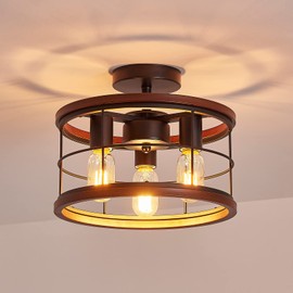3-Light Semi Flush Mount Ceiling Light Fixture Vintage Ceiling Light Farmhouse Metal Cage Ceiling Lamp for Kitchen Dining Room Hallwa Bedroom Living Room (Dark Wood Color)