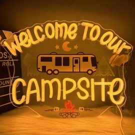 Welcome To Our Campsite Neon Sign for Wall Decor Camping Led Signs Happy Camper Neon Light Dimmable Campfire Light Up Sign for Motorhome Wall Art Rv Touring Trailer Bedroom Party Backdrop