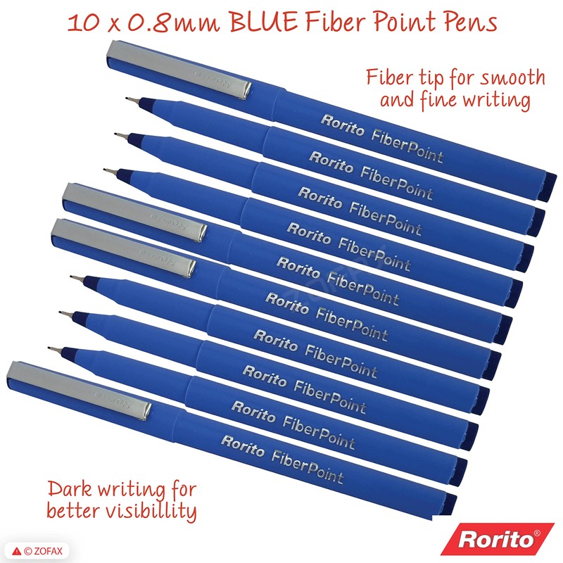rorito 10 x 0.8mm Fiber Point BLUE Pens Smooth Fine