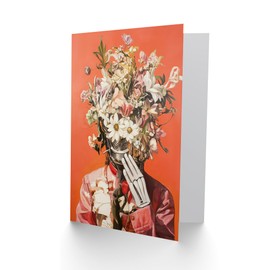 Artery8 Greeting Card Shy Cyborg Robot Flower Bouquet Hat Pink Suit Blank For Him Or Her Art Birthday Card