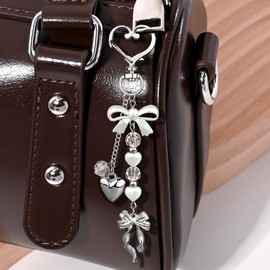 2pcs Bow Heart Beaded Keychain Accessories Cute Keychains for Women Kawaii Bowknot Pearl Bag Charms for Handbags Silver Gold Bows Hearts Key Chain for Car Keys Aesthetic Heart Key Ring Backpack Charms