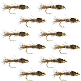 The Fly Fishing Place Tungsten Bead Head Gold Ribbed Hare's Ear Nymph Fly Fishing Flies - Set of 12 Flies Hook Size 16 - One Dozen