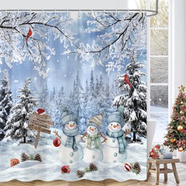 Cortina de ducha de invierno de Navidad, muñeco de nieve azul, juego de cortina de ducha de día festivo, bonita cortina de baño de tela de poliéster impermeable con ganchos, 72 x 72 pulgadas