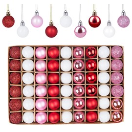 Christmas Baubles Set of 54, Christmas Tree Baubles 3 cm, Christmas Baubles Small Plastic, Shiny Matt Mini Christmas Tree Baubles, Shatterproof Small Baubles Christmas with Lanyard (Pink, White, Red)