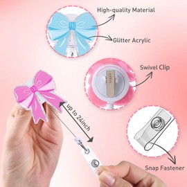 2 Pack Bow Badge Reels, Pink & Blue Retractable ID Holder with Swivel Clip, Cute Gifts for Nurses Teachers Students Office Workers