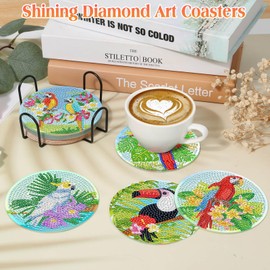 Billbotk Billbotk 8 Pieces Diamond Art Painting Coasters Kit with Holder, Diamond Art Coasters, DIY Diamond Art Crafts Projects, Diamond Dots Kits for Adults and Beginners(Parrots Style)