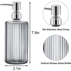 Glass Soap Dispenser - 17oz Ribbed Clear Glass Bottle with 304 Stainless Steel Pump, Refillable Soap Dispenser for Hand Dish Lotion Shampoo Conditioner for Kitchen Bathroom Countertop (Grey)