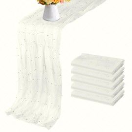 Psasrm Set of 6 Pearl Table Runner,29 * 120 White Table Cloth Pearl Sheer Tulle Table Cover,Pearl Table Runner for Wedding Party Baby Shower Birthday Home Decor
