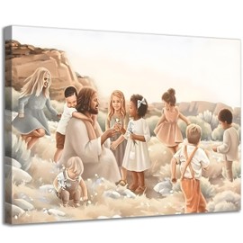 Framed Jesus With Children Canvas Wall Art For Such is the Kingdom Christian Kids Room Print Nursery Painting Jesus Christ With Baby in The Garden Picture Boy Girl Watercolor Wall Decor 16x24in
