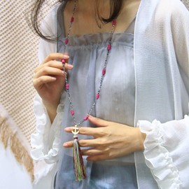 KELITCH Colourful Tassel Necklace for Women Crystal Beads Anchor Pendant Necklace Long Heishi Beads Necklace, Pearl, Pearl