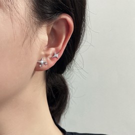 YienDoo Tiny Stars Earrings Studs Vintage Silver Star Earrings Statement Charm Asymmetric Star Stud Earrings Minimalist Small Star Earrings Jewelry for Women