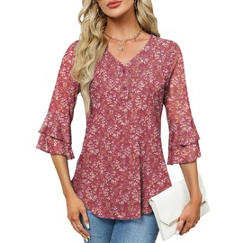 Rapbin Women Lightweight V Neck Blouse Plus Size 3/4 Sleeve Tunic Tops For Women Business Casual Outfits Brick Red White Floral XXL