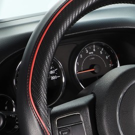 SEG Direct Car Steering Wheel Cover Large-Size for F150 F250 F350 Ram 4Runner Tacoma Tundra Range Rover with 15 1/2"-16" Outer Diameter Leather with Carbon Fiber Pattern Black and Red