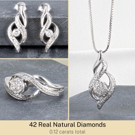 MAX + STONE Diamond Pendant Necklace Drop Earrings & Diamond Ring for Women Jewelry Set in Sterling Silver | 0.12 Carat Diamond Necklace & Earrings Set & Ring | Diamond Earrings with Pendant & Ring