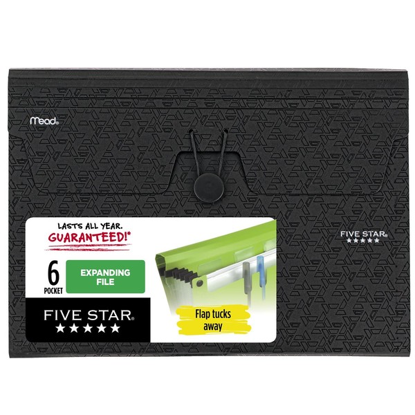 Five Star 6 Pocket Expanding File Organizer, Plastic Expandable File Folders with Pockets and Tab Inserts, Holds 11" x 8-1/2", Bungee Closure, Black (72391)