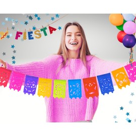 Small Papel Picado Flags 5 Pack, Fiesta Banner Decorations 15 ft Long Multicolored Paper Garland with Round Scalloped Edges, Mexican Party Decorations for Cinco de Mayo, Weddings, Office Parties ws97