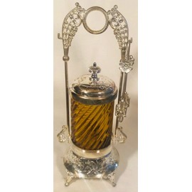 Pickle Castor w/Tongs & Glass Insert - Old Fashion Victorian Style (Amber Spiral)