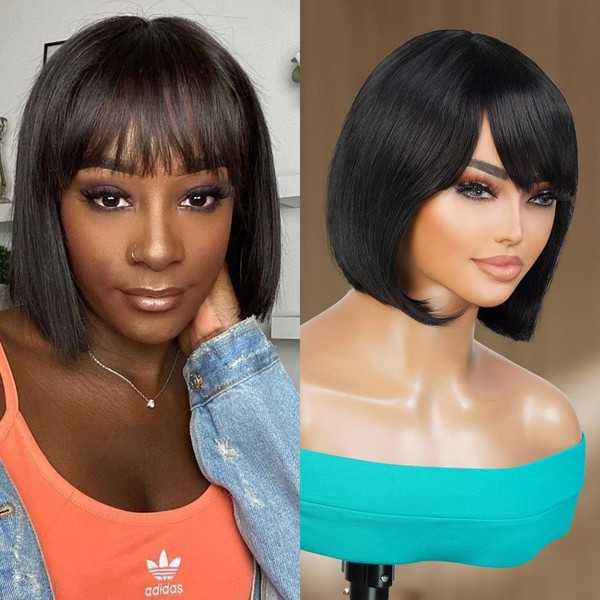 INSTANT FAB Short Bob Wigs Human Hair Wigs with China Bangs for Black Women Straight Bob with Bangs Human Hair Non Lace Front Wigs – Diamond (10 inch (Pack of 1), NATURAL)