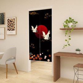 LIGICKY Noren Doorway Curtain Japanese Style White Cranes Red Sun Gold Colourful Cherryblossom Printed Cotton Linen Window Treatment Door Tapestry for Home Decoration 33.5" Width x 70.9" Long