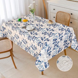 MYSKY HOME Floral Print Rectangle Tablecloth Waterproof Rectangular Table Cloth Linen Farmhouse Tablecloth for Kitchen Dining Spring Leaves Tablecloth for 4 Feet Table，60 x 84 Inches, Blue