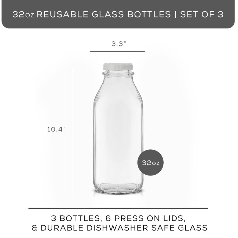 JoyJolt Glass Milk Bottles with Lids and Pourer – 32