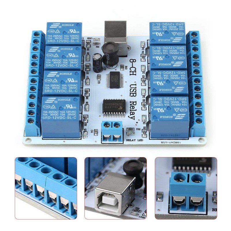 8-Channel 12V USB Relay Board, 8-Channel 12VDC Type-B USB Relay
