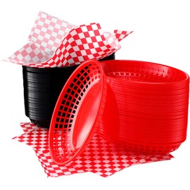 Potchen 80 Pcs Red Black Fast Food Basket and 250 Sheets Checkered Deli Liner Liners White Plaid Paper Plastic Baskets for Hot Dog Serving