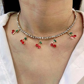 Inateannal Crystal Cherry Necklace Choker Golden CZ Tennis Chain Red Cherry Pendant Necklace Cherry Tassels Tennis Necklace Cubic Zirconia Tennis Necklace Cherry Fruit Crystal Necklace, Zinc, No
