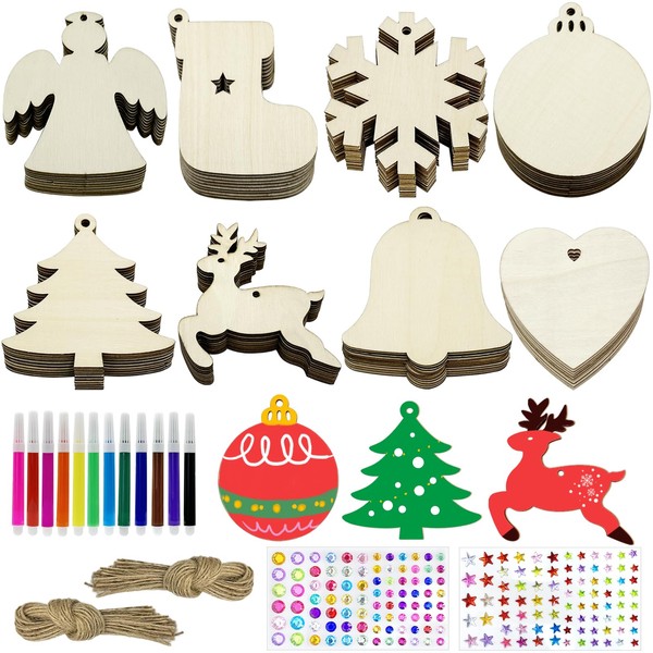 Pack of 80 Wooden Christmas Tree Decorations, 8 Styles, Untreated Wood with Pen, Gemstone and Star Stickers, Christmas Tree Decoration for Children and Adults, Christmas Tree Decorations Wooden