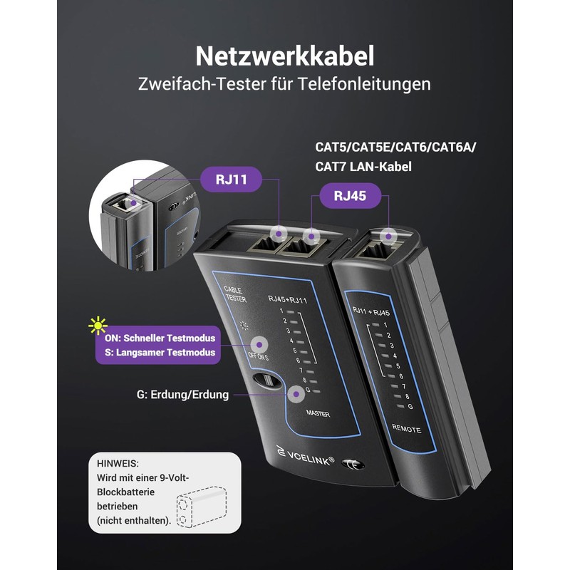 VCELINK Kabeltester, Netzwerktester Kabeltester für RJ45 RJ11 Kabel-Patchkabel-Leitungstester, LAN Tester,