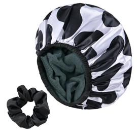 Yonchic Black Cow Print Satin Shower Cap, Three-Layer Terry Cloth Lined, with Silk Hair Ties, Microfiber Waterproof Reusable Large Size Shower Cap for Women Long Thick Hair