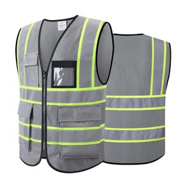 ASIPHITU Reflective High Visibility Safety Vest for Men Women Security with Pockets Zipper Front for Work Vest with Reflective Strips Meets ANSI/ISEA Standards(H-Grey-2XL)